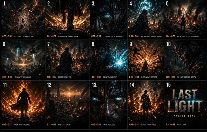 Cinematic 3x3 Storyboard Grid, FIBO 2 example