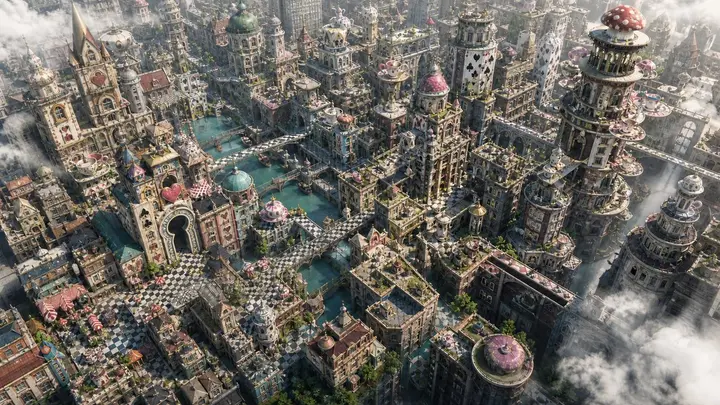 Fantasy Whimsical Downtown Aerial View, FIBO 2 example