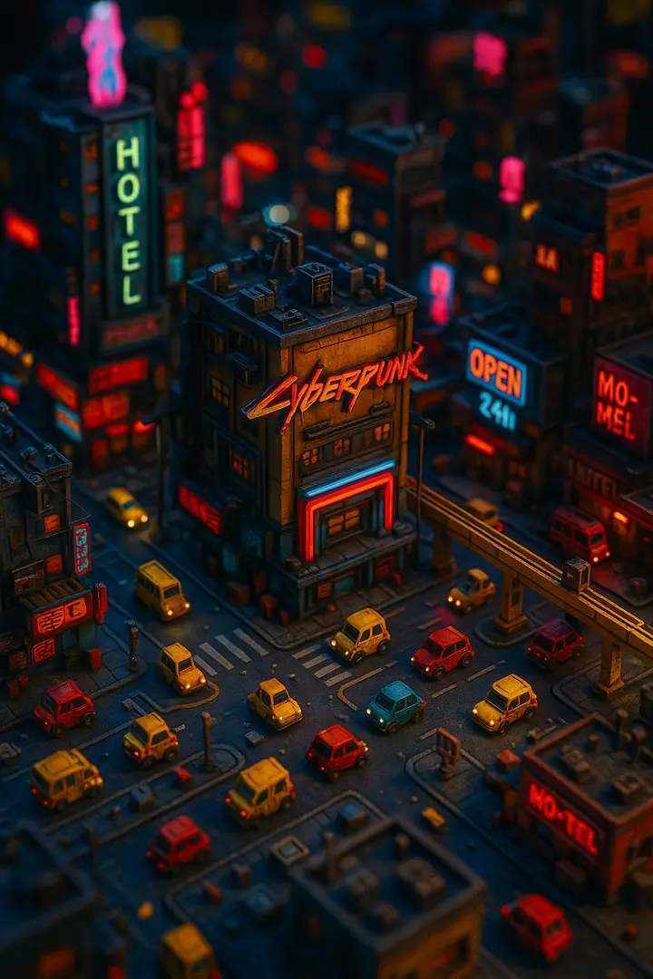 Miniature Cyberpunk Tilt-Shift Landscape, FIBO 2 example