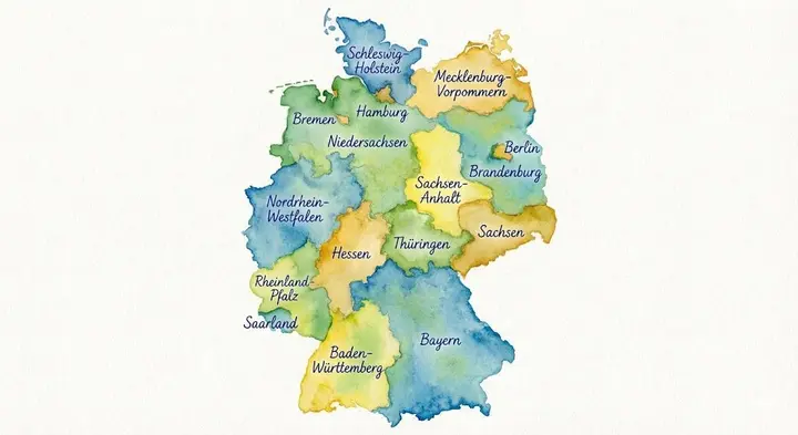 Watercolor map of Germany with labeled states, FIBO 2 example